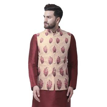 Beige Printed Dupion Silk Nehru Jacket 1