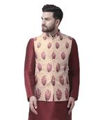 Beige Printed Dupion Silk Nehru Jacket