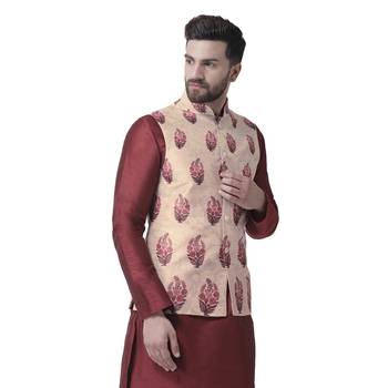 Beige Printed Dupion Silk Nehru Jacket 2