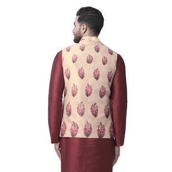 Beige Printed Dupion Silk Nehru Jacket 3