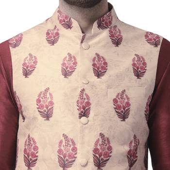 Beige Printed Dupion Silk Nehru Jacket 4