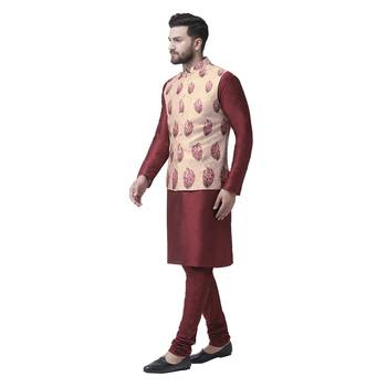 Beige Printed Dupion Silk Nehru Jacket 5