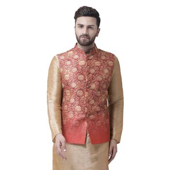 Red Printed Dupion Silk Nehru Jacket 1