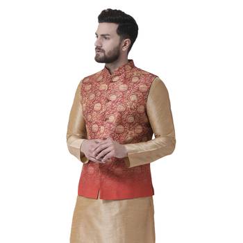 Red Printed Dupion Silk Nehru Jacket 2