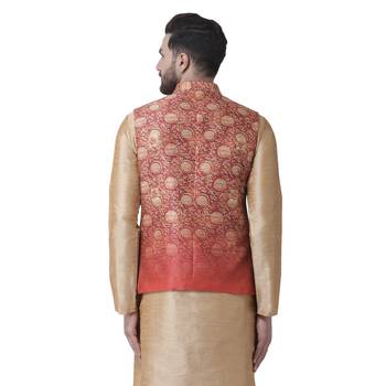Red Printed Dupion Silk Nehru Jacket 3