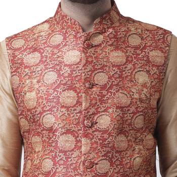 Red Printed Dupion Silk Nehru Jacket 4
