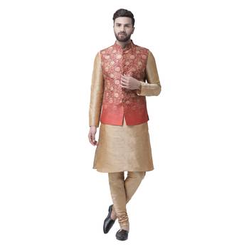 Red Printed Dupion Silk Nehru Jacket 5