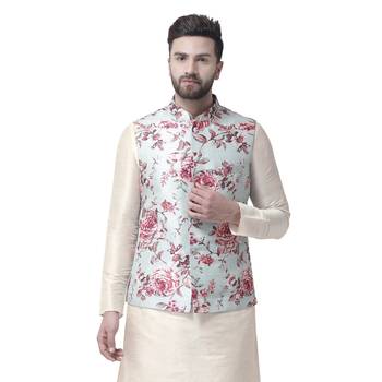 Blue Printed Dupion Silk Nehru Jacket 1