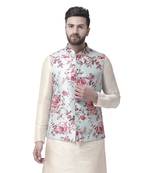 Blue Printed Dupion Silk Nehru Jacket
