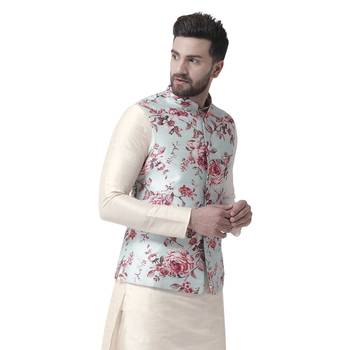Blue Printed Dupion Silk Nehru Jacket 2