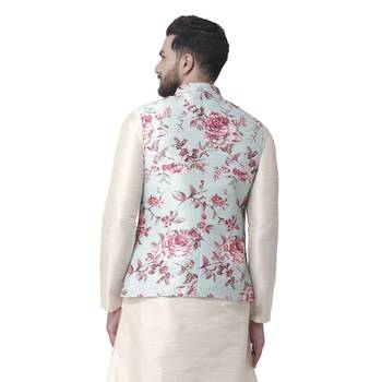 Blue Printed Dupion Silk Nehru Jacket 3
