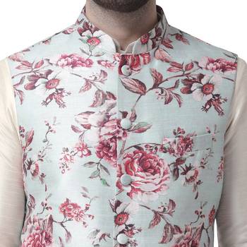 Blue Printed Dupion Silk Nehru Jacket 4