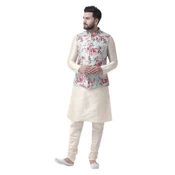 Blue Printed Dupion Silk Nehru Jacket 5