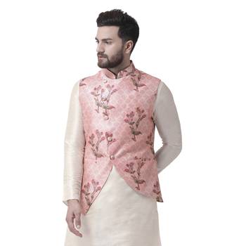Pink Printed Dupion Silk Nehru Jacket 1