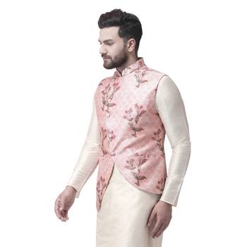 Pink Printed Dupion Silk Nehru Jacket 2