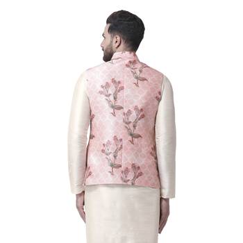 Pink Printed Dupion Silk Nehru Jacket 3