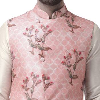 Pink Printed Dupion Silk Nehru Jacket 4
