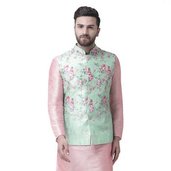 Green Printed Dupion Silk Nehru Jacket 1