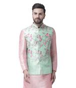 Green Printed Dupion Silk Nehru Jacket