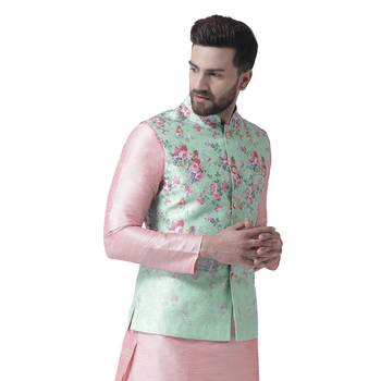 Green Printed Dupion Silk Nehru Jacket 2
