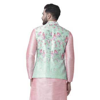 Green Printed Dupion Silk Nehru Jacket 3