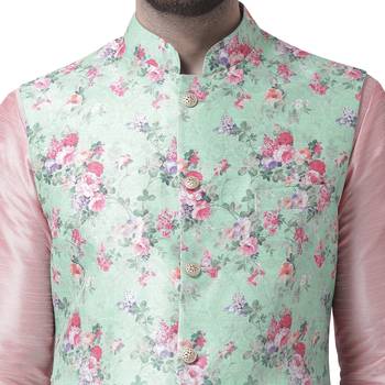 Green Printed Dupion Silk Nehru Jacket 4