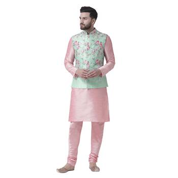 Green Printed Dupion Silk Nehru Jacket 5