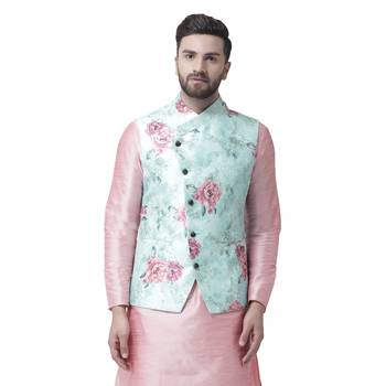 Blue Printed Dupion Silk Nehru Jacket 1