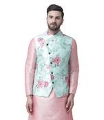 Blue Printed Dupion Silk Nehru Jacket