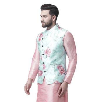 Blue Printed Dupion Silk Nehru Jacket 2