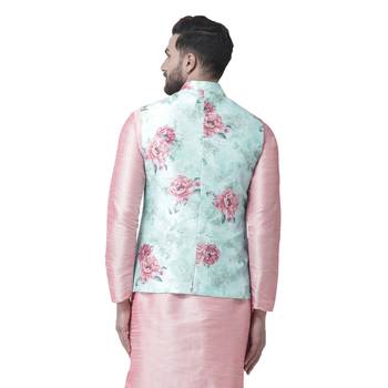 Blue Printed Dupion Silk Nehru Jacket 3