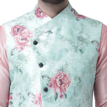 Blue Printed Dupion Silk Nehru Jacket 4