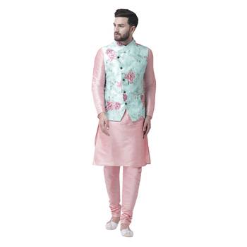 Blue Printed Dupion Silk Nehru Jacket 5