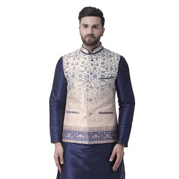 Beige Printed Dupion Silk Nehru Jacket 1