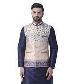 Beige Printed Dupion Silk Nehru Jacket