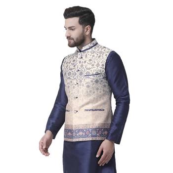 Beige Printed Dupion Silk Nehru Jacket 2