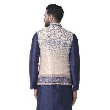 Beige Printed Dupion Silk Nehru Jacket 3