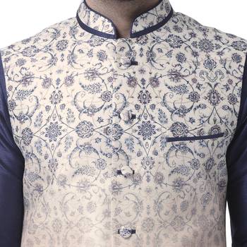 Beige Printed Dupion Silk Nehru Jacket 4