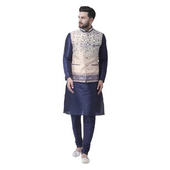 Beige Printed Dupion Silk Nehru Jacket 5