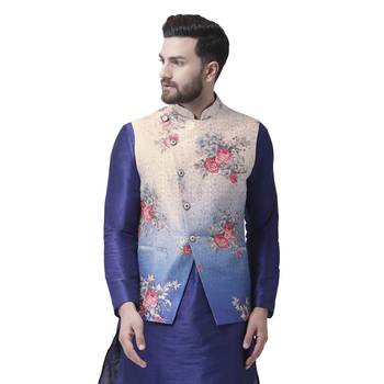 Beige Printed Dupion Silk Nehru Jacket 1