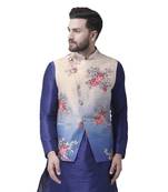Beige Printed Dupion Silk Nehru Jacket