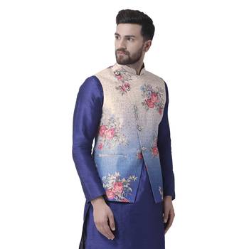 Beige Printed Dupion Silk Nehru Jacket 2
