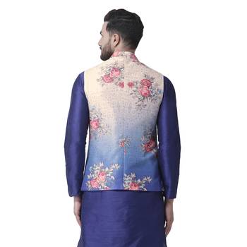 Beige Printed Dupion Silk Nehru Jacket 3