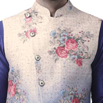 Beige Printed Dupion Silk Nehru Jacket 4