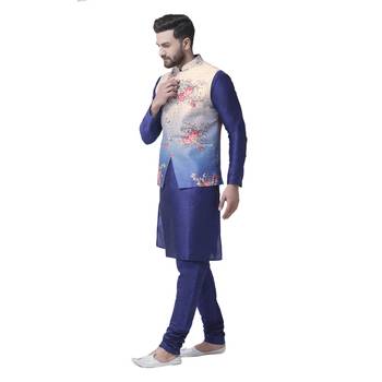 Beige Printed Dupion Silk Nehru Jacket 5