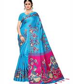 Blue printed poly silk saree with blouse