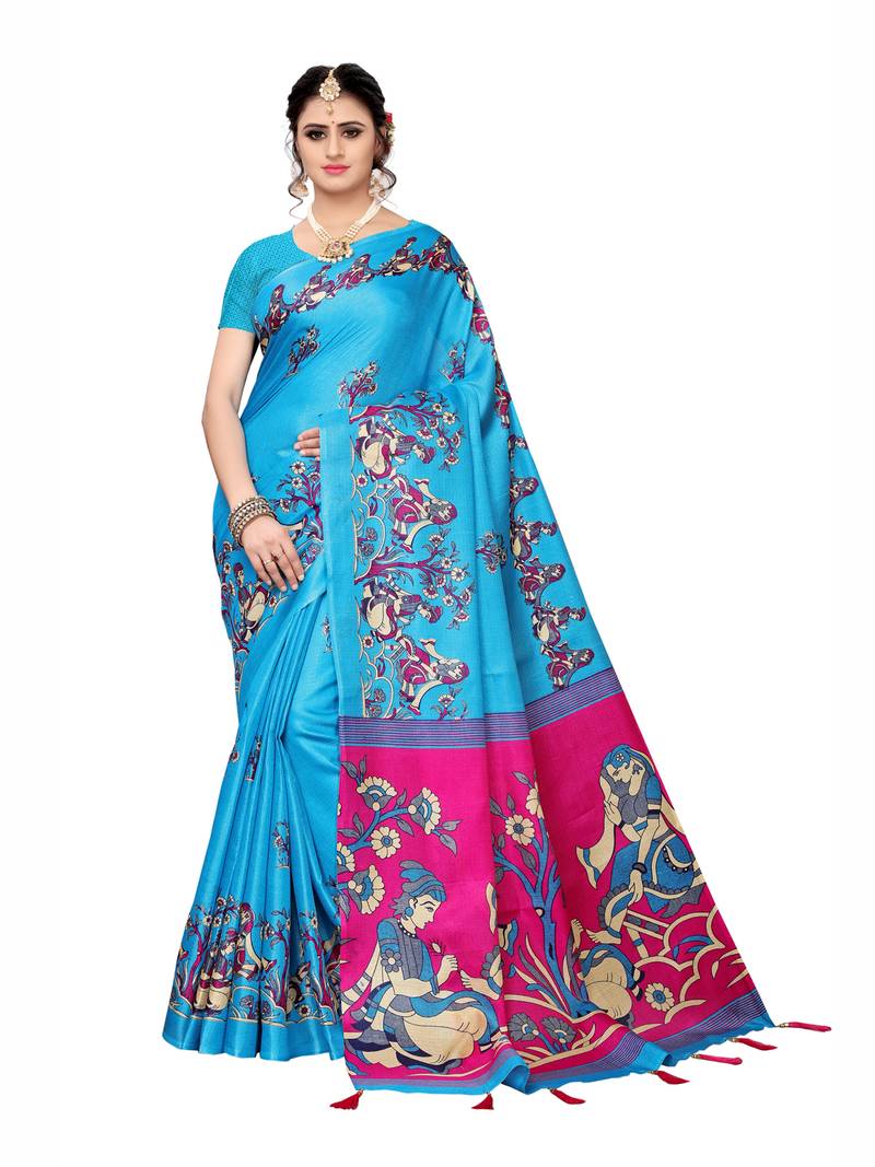 Blue printed poly silk saree with blouse