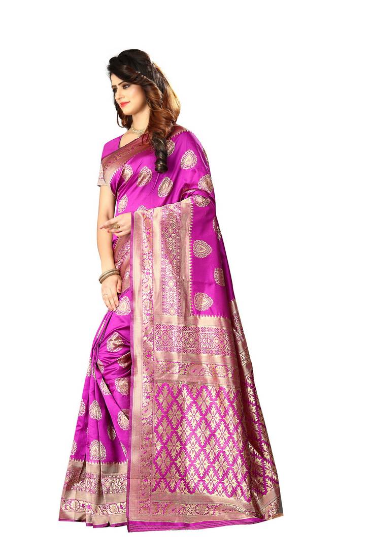 Rani Pink Woven Art Silk Saree With Blouse