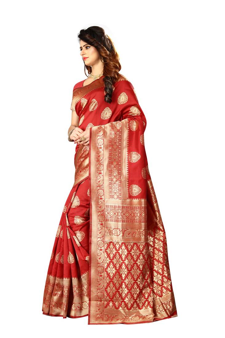 Red Woven Art Silk Saree With Blouse
