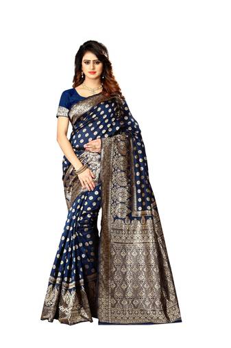 Navy Blue Woven Art Silk Saree With Blouse